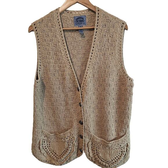Vintage Cambridge Dry Goods Sweater Vest Women Lg Tan Floral 90s Crochet Cottage - Picture 1 of 9